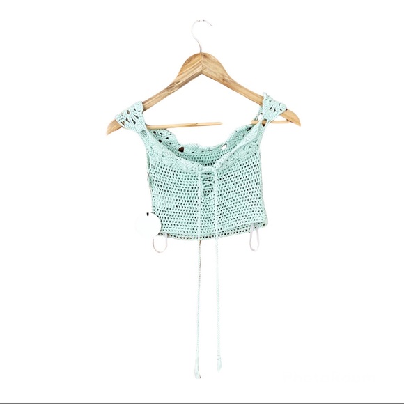 ❤️SOLD NWT Tularosa X Revolve Izzy Mint Crochet Knit Off Shoulder Tie Crop Top - Picture 3 of 11